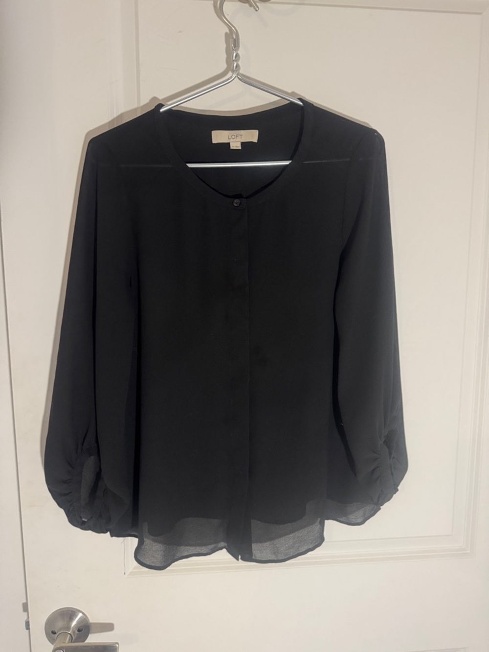 LOFT Black Sheer Round-Neck Button-Front Blouse